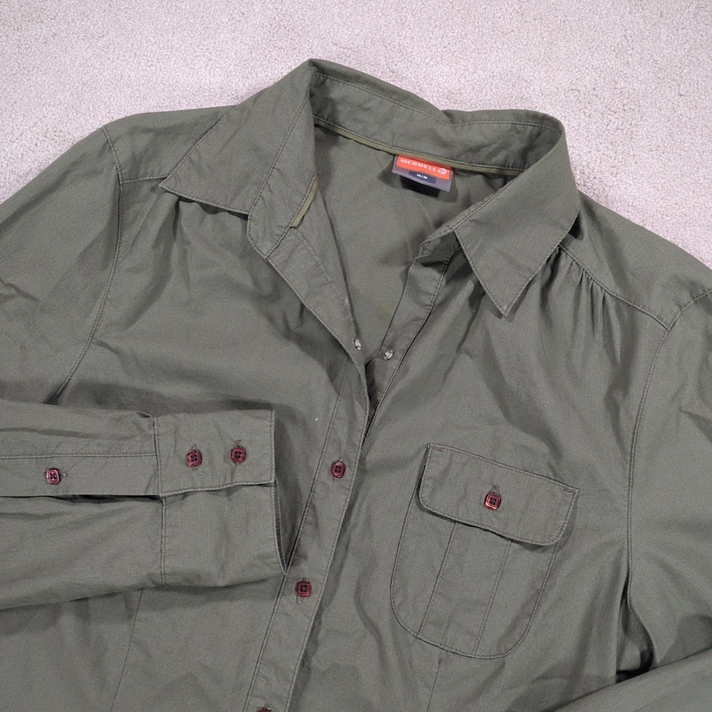 Merrell Womens Medium Army Green‎ Cotton Button Shirt Long Sleeve Outdoor Hiking